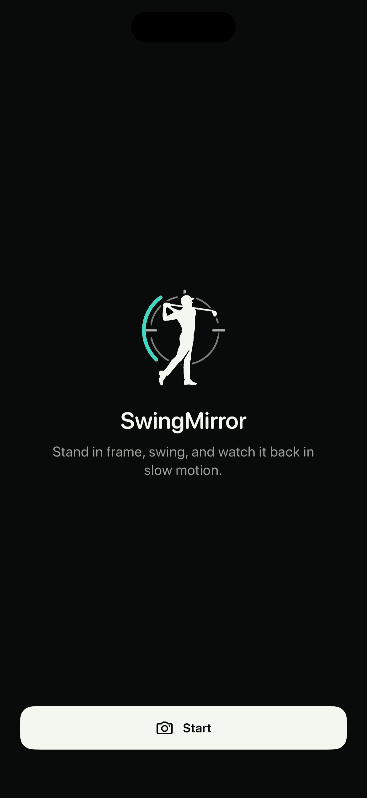 The SwingMirror home screen: the reticle mark, the wordmark and a Start button.