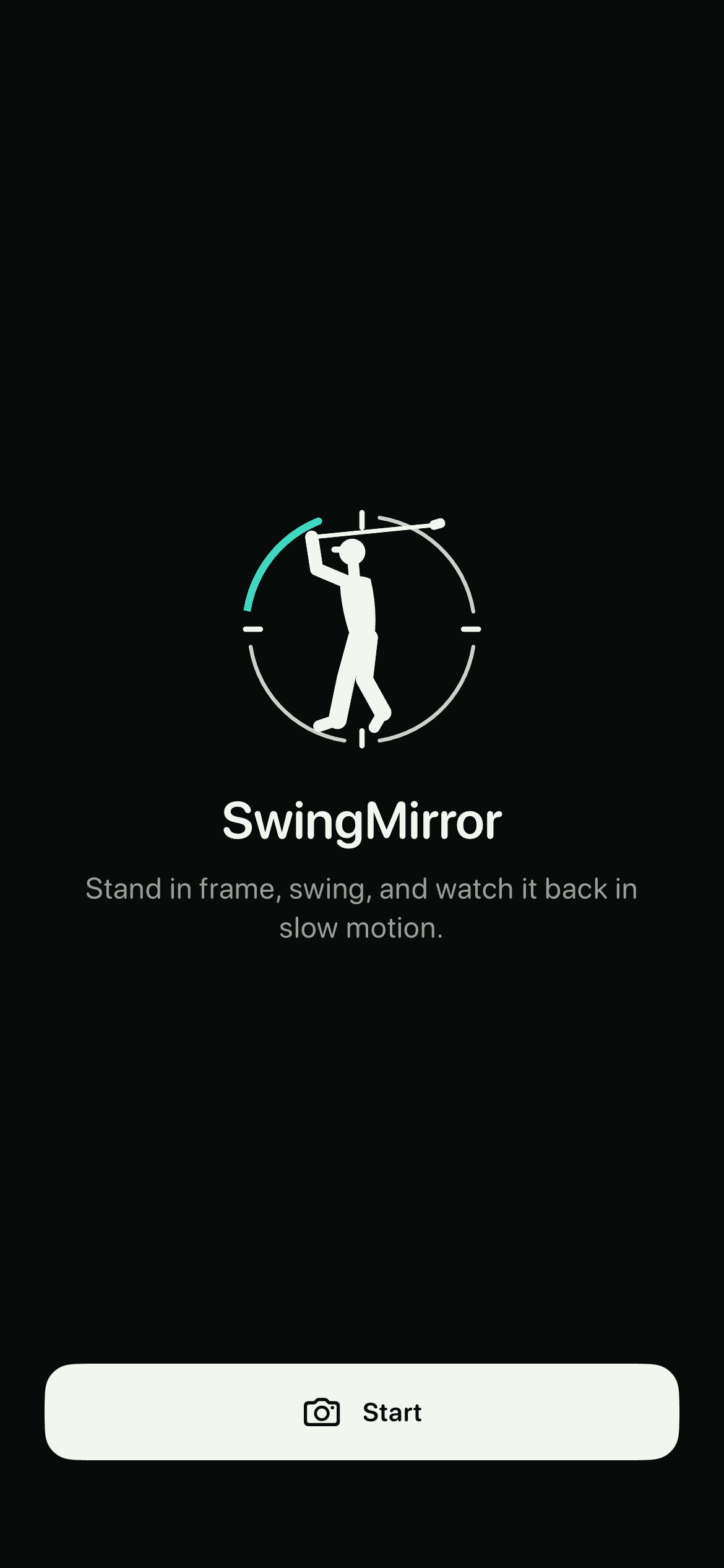 The SwingMirror home screen: the reticle mark, the wordmark and a Start button.