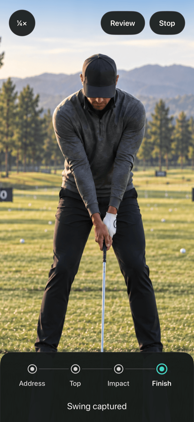 The live screen at the finish of a swing: the phase rail lit at Finish with the instruction Swing captured.